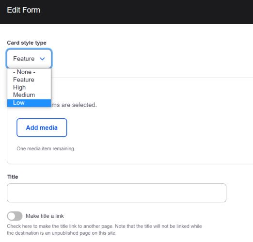 Screen shot showing the form to complete to create a card in the editorial interface. 