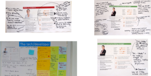 Examples of co-design outputs, with scribbles on top of printouts of personas