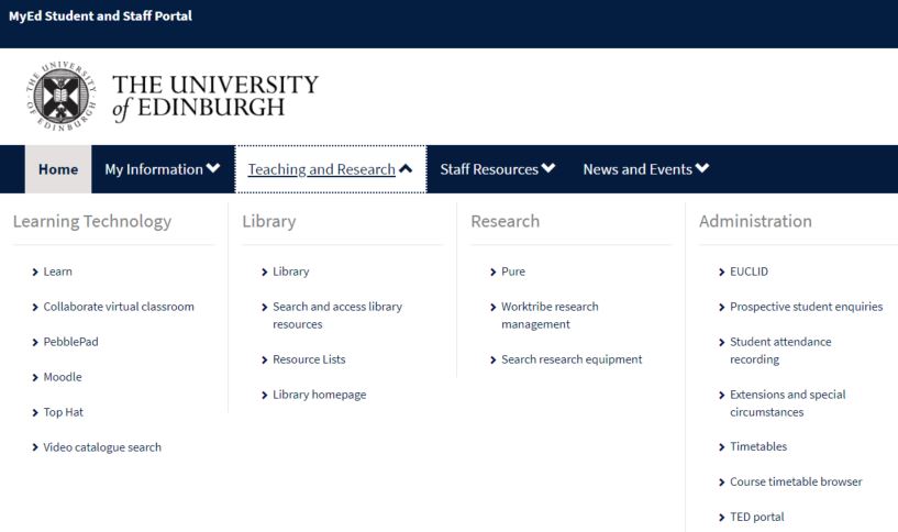 Screenshot showing the megamenu in MyEd, the staff and student portal
