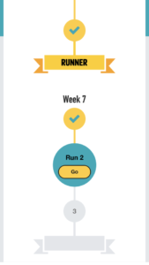 Screenshot from NHS Couch to 5k app. It shows through yellow ticks how I have completed runs up to Week 7 Run 2, which instead is circled in teal and contains a yellow button labelled: "Go". Subsequent runs in the programme are coloured in light grey.