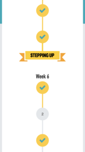 Screenshot from NHS Couch to 5k app. It shows through yellow ticks that I have completed Week 6 Runs 1 and 3, and with a light grey circle it shows that I have skipped Run 2.
