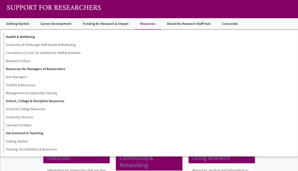 Screenshot of expanded megamenu for the Support for Researchers site