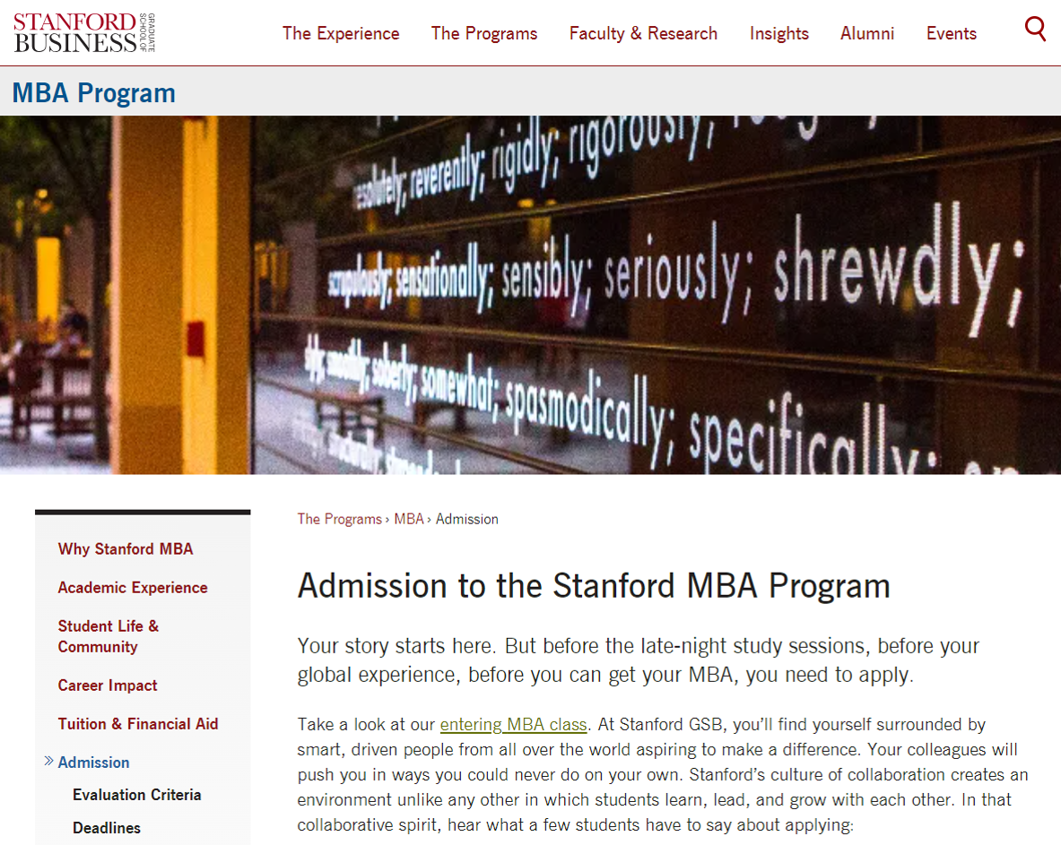 Screenshot showing the Stanford Graduate School of Business left-hand menu expanded to show the position of the Admission page.