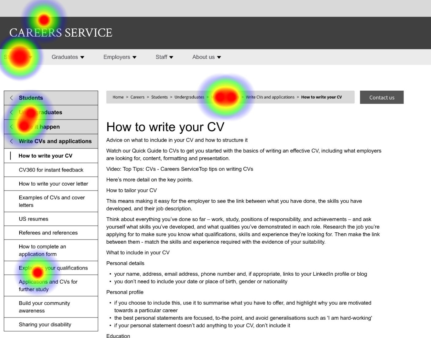 Heatmap to show where users were clicking to find information for interview advice