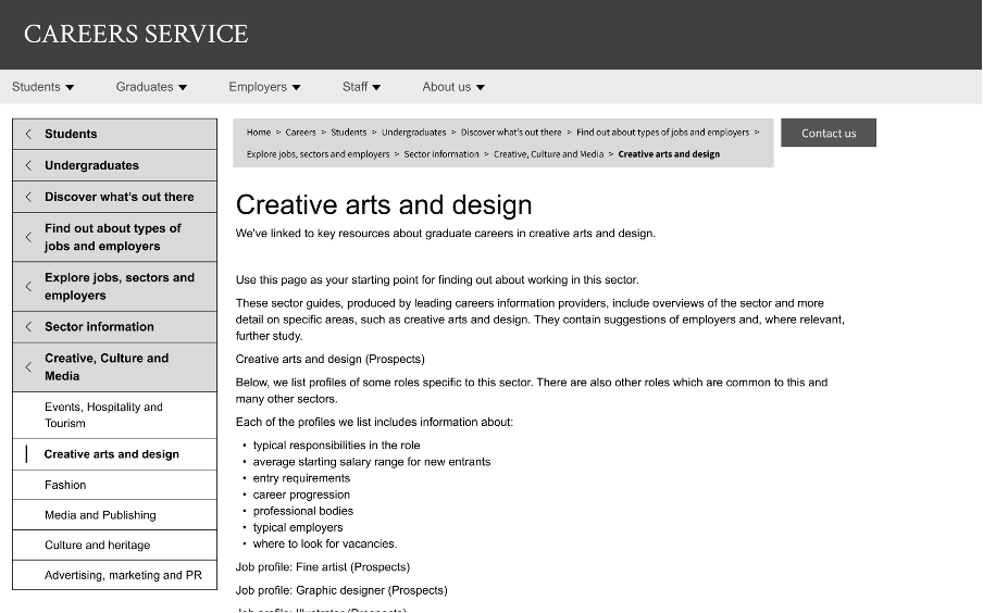 Screenshot of Careers Service prototype site