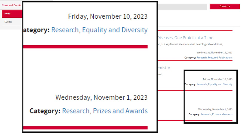 Screenshot of the School of Chemistry website, showing news articles listed with categories (or tags) such as Research, Equality and Diversity, and Prizes and Awards.