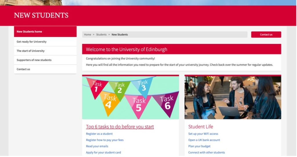 A screenshot of the New Students website homepage, which includes a welcome message and links to further pages on the site.