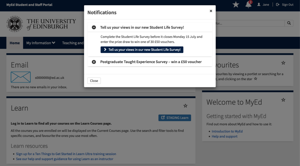 A screenshot of the improved Notifications interface in MyEd. The user can see that two notifications are available, and one of the notifications is open and can be read.