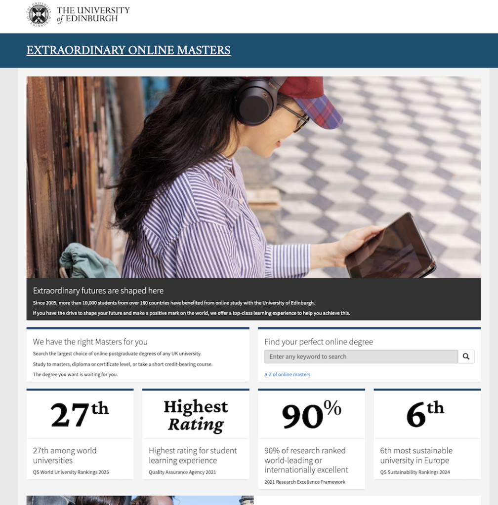 A screenshot of the Online Masters Campaign Landing Page, which has no navigation menu and columns with text.