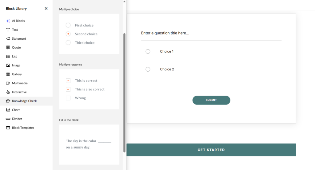 Articulate's Block Library interface displaying a list of components, with 'Knowledge Check' selected and its dropdown showing various question options. A 'Multiple choice' question block appears on the right side of the screen, containing placeholder text 'Enter a question title here' and answer choices labeled 'Choice 1' and 'Choice 2'.