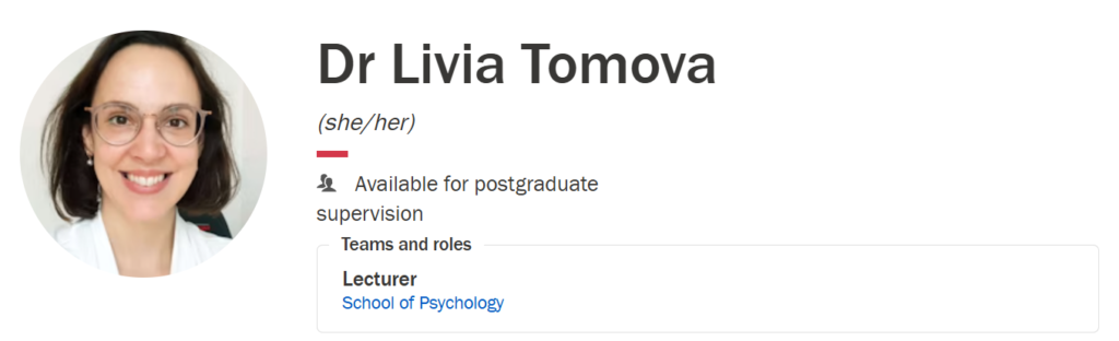 Profile of Dr Livia Tomova at Cardiff University. Under her name is an icon with text beside it that reads "Available for postgraduate supervision".