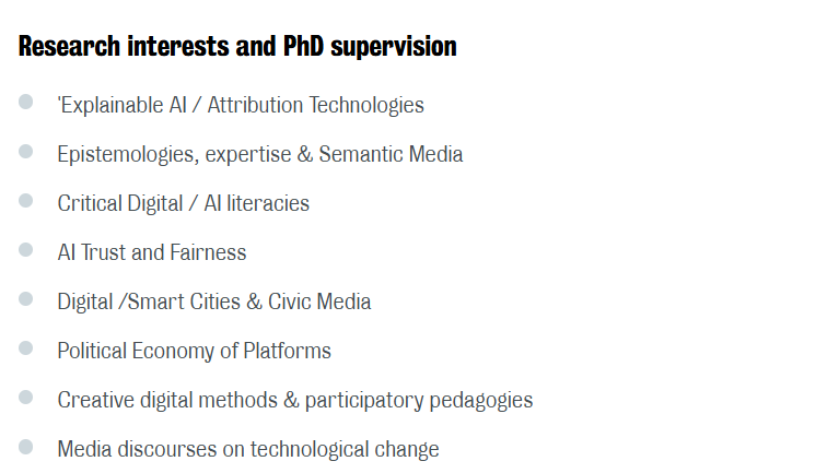 Profile of an academic from King's College London. There is a heading reading 'Research interests and PhD supervision'. Under the heading is a bulleted list of research interests.