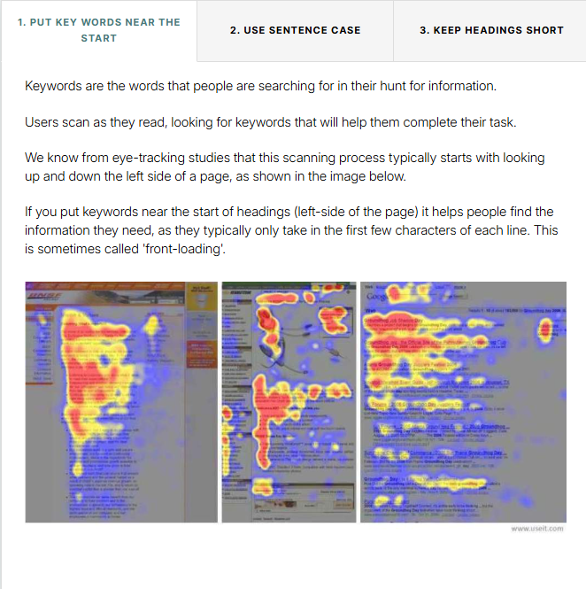 Screenshot to show course content about writing effective headings displayed in a 'tab' format. There are three tab headings at the top of the image "1. Put key words near the start", "2.Use sentence case" and "3. Keep headings short" which learners can click through. The first tab has been selected showing guidance on how to put key words near the start of headings, along with an image of heat map from a website eye-tracking study to show how website users scan the text on the page.