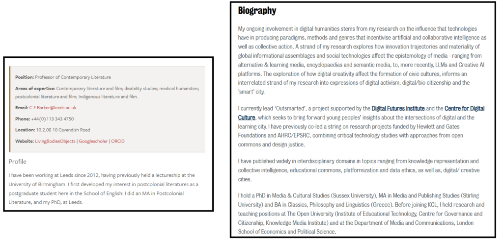 Two biographies from two different academic staff profiles. The one on the left only contains 2 sentences, while the one on the right contains 4 paragraphs.
