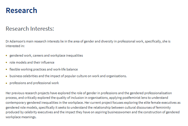 Research section of an academic from Queen Mary University of London. It contains a bulleted list of their research interests, followed by a paragraph of their previous research interests.