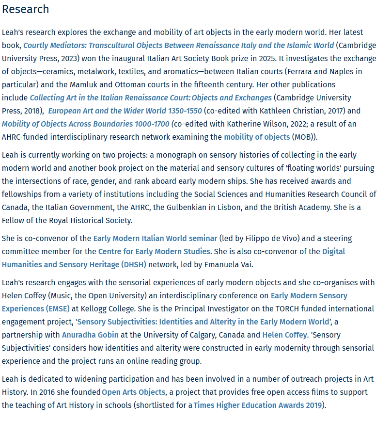 Research section of an academic from University of Oxford. It is 5 paragraphs long and contains multiple hyperlinks to their publications.