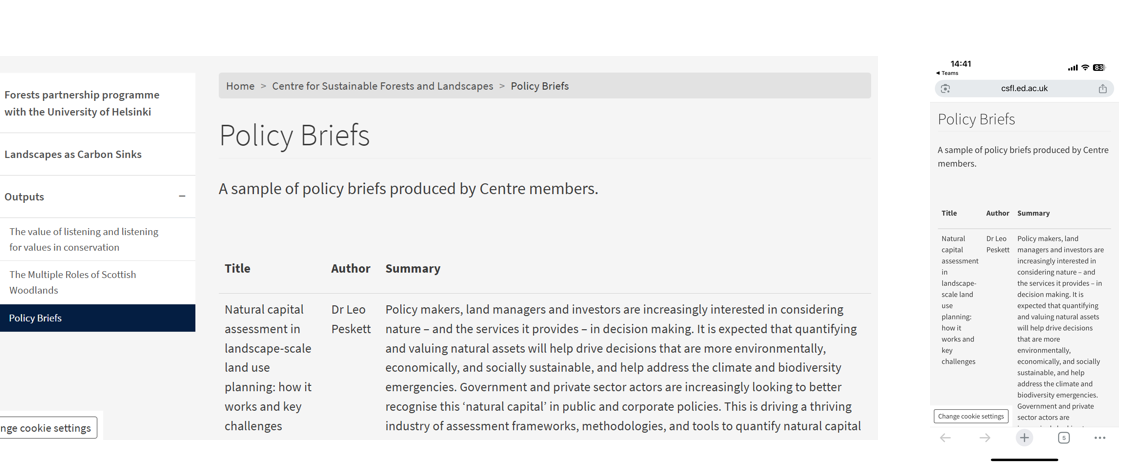 A desktop view of a web page titled 'Policy Briefs', followed by a sub-heading which reads: 'A sample of policy briefs produced by Centre members.' Below this there is a table showing three columns 'Title', 'Author' and 'Summary' with text in each column.Next to this screenshot, is the same webpage, but showing a mobile view. The text within the columns wraps onto multiple lines, making it harder to read and scan for users.