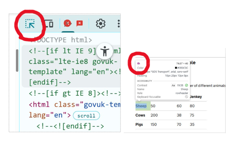 Two different screenshots to show the steps to go through using the 'Inspect' tool within a Google Chrome browser to identify if headers are being used on tables. The first image shows where to find the 'elements' icon within the DevTool 'Inspect' window and the second shows the 'th' label which come up when you hover over a table header, if a header has been applied.