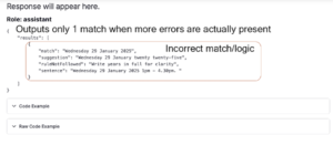 AI outputs only one failed check, showing the inconsistency of JSON output.