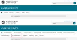Screenshot of two versions of the Careers Service website, the top one showing the old page (with sections for Graduates and Students) and the bottom showing the new menu with a new section for PhD students