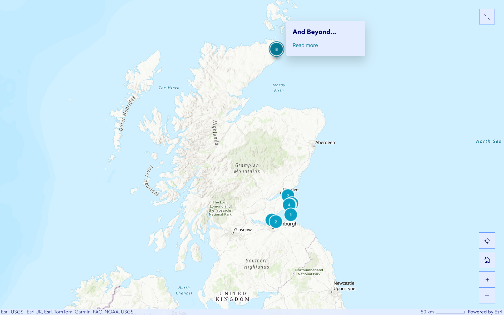 Digital map of Scotland with eight location pins, seven huddled around Edinburgh and one in the far north of the country. The latter pin is selected and shows a title reading "And Beyond..."