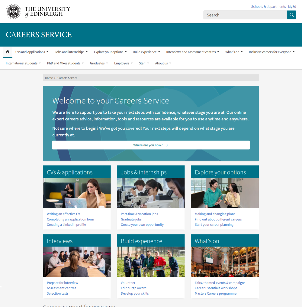 Screenshot of the Careers Service homepage, showing a prominent row of panels with top tasks, such as CVs and applications, and Jobs and internships.