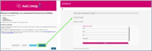Screenshot showing the enquiry form that appears when the 'Live chat'button is pressed in EdHelp