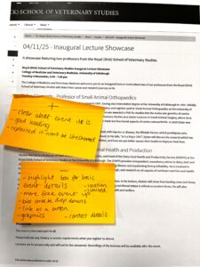 A print out of an events web page for the School of Veterinary Studies titled Inaugural Lecture Showcase. There are two orange sticky notes with feedback on the page content, such as 'it's clear what the event is' and 'good heading'.