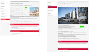 Screenshot on the left shows content about the opening times of the Health & Wellbeing Centre before usability testing, screenshot on the right shows the improved content 