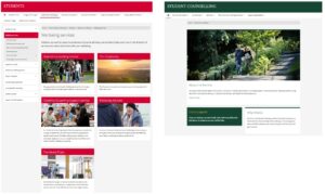Screenshots showing the pathway of pages to navigate to the Student Counselling site after the usability testing