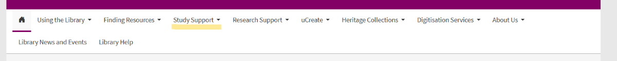 Screenshot of Library website menu. Academic Support Librarians menu item has been replaced with a new item called Study Support. The new item has been moved nearer the start of the menu.