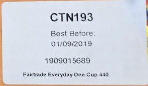 a white label which has shows a best before date of 01/09/2019 in black lettering. The product code and batch code is also shown