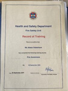 A training certificate in Fire Awareness awarded to Aileen Robertson in 2005