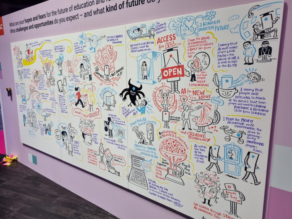 A board covered with answers to the question 'What kind of future do you want to help create?' accompanied by creative illustrations