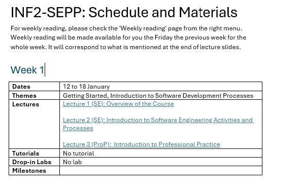 A screenshot of a word document prototype taking information from the Open Course platform and displaying it in an alternative table format. The screenshot includes the page title, a short summary paragraph. Followed by the heading 'Week 1' and then a table with two columns and six rows, one column has various headings such as 'Dates', 'Themes', 'Lectures', with the corresponding information displayed in the column next to it.