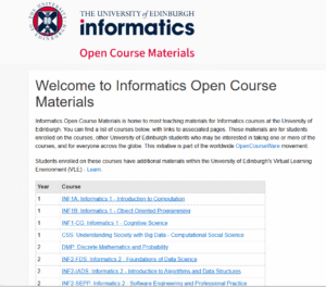 Screenshot of the homepage of the School of Informatics Open Course materials page. There is a title 'Welcome to the Informatics Open Course Materials' heading, followed by some paragraph text and part of a table listing out the courses available to access.