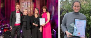 Photo on the left showing UCISA leadership team and judges with my award for Outstanding Leadership being presented at the Leadership Summit in Liverpool. Photo on the right shows Emma Horrell with the award in her garden