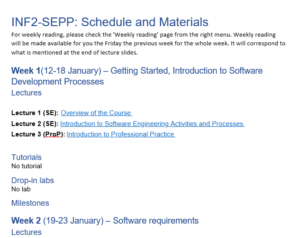 A screenshot of a word document prototype taking information from the Open Courses platform and displaying it using headings and paragraph text rather than tables. The screenshot includes the page title and a short summary paragraph. Followed by the Week 1 heading which tells you the week, dates and name of the topic. Following this there are section headings for lectures, tutorials, drop-in labs and milestones, with necessary details under each as paragraph text.
