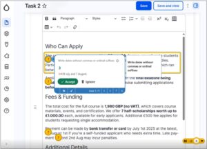 Screenshot of Editoria11y showing a modal explaining the rule to not include ordinal suffixes when writing dates