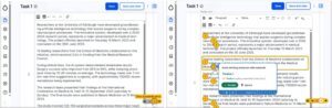 Screenshot of Editoria11y showing on the left, the indicator bar at the bottom right of the page, and on the right, the editorial interface revealing the locations of the style guide errors (activated when the indicator bar is pressed)