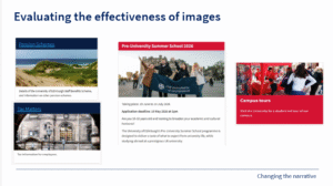 A screenshot of a PowerPoint slide titled 'Evaluating the effectiveness of images' showing different feature cards with images from across the University web estate. Two are from internal staff pages, showing a beach for the topic of pension schemes and a generic stock image of a University building for a page on tax. There are then two other feature cards, one with students standing outside Edinburgh castle to advertise our pre-university summer school and another image of students about to start a campus tour.