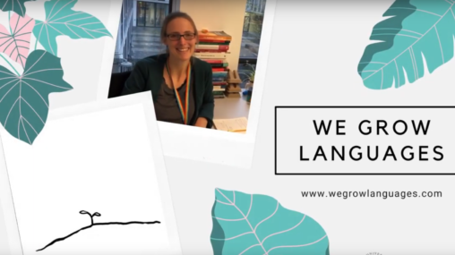 A still image from a video introducing the project. The image shows a background of leaves with the We Grow Languages Logo and an image of a woman smiling