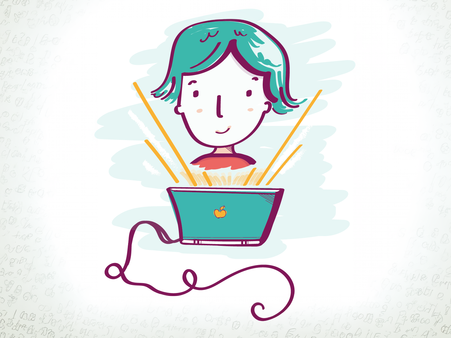 Cute illustration of somebody using a laptop with a glowing screen.