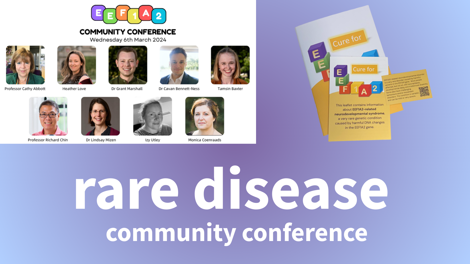 Photos of conference speakers, materials and title, gradient lilac background