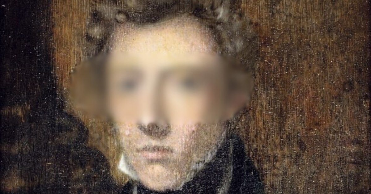 Portrait of Dr james Miranda Barry, artist unknown. it shows a slender young man with fair curly hair, wearing a high-necked white shirt and black stock. The eyes are blurred out.