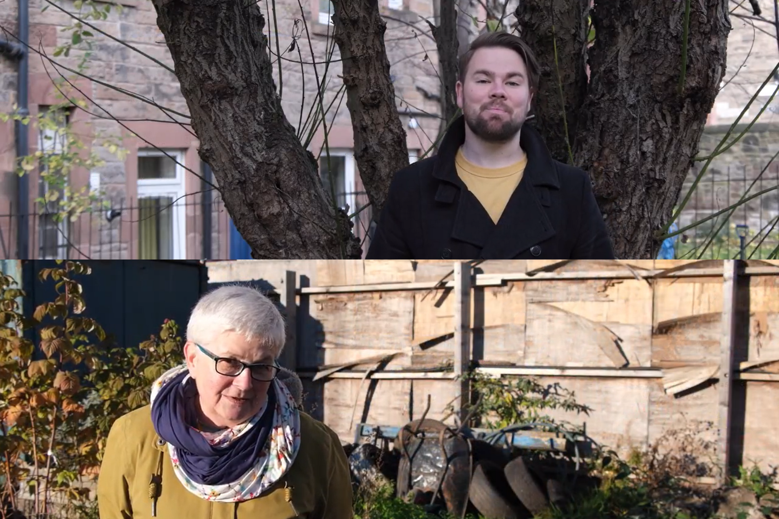 A collage of two screenshots from Sam's video. The top one displays Sam and the bottom one - his interviewee Wendy Lord.