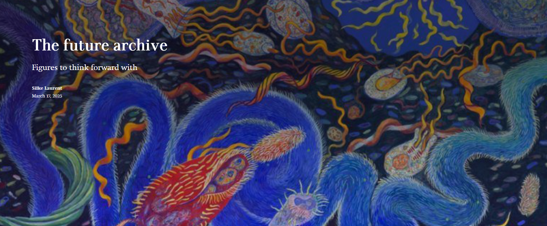 Screenshot of the Future Archive website featuring a richly patterned painting with dark blue and red organic items