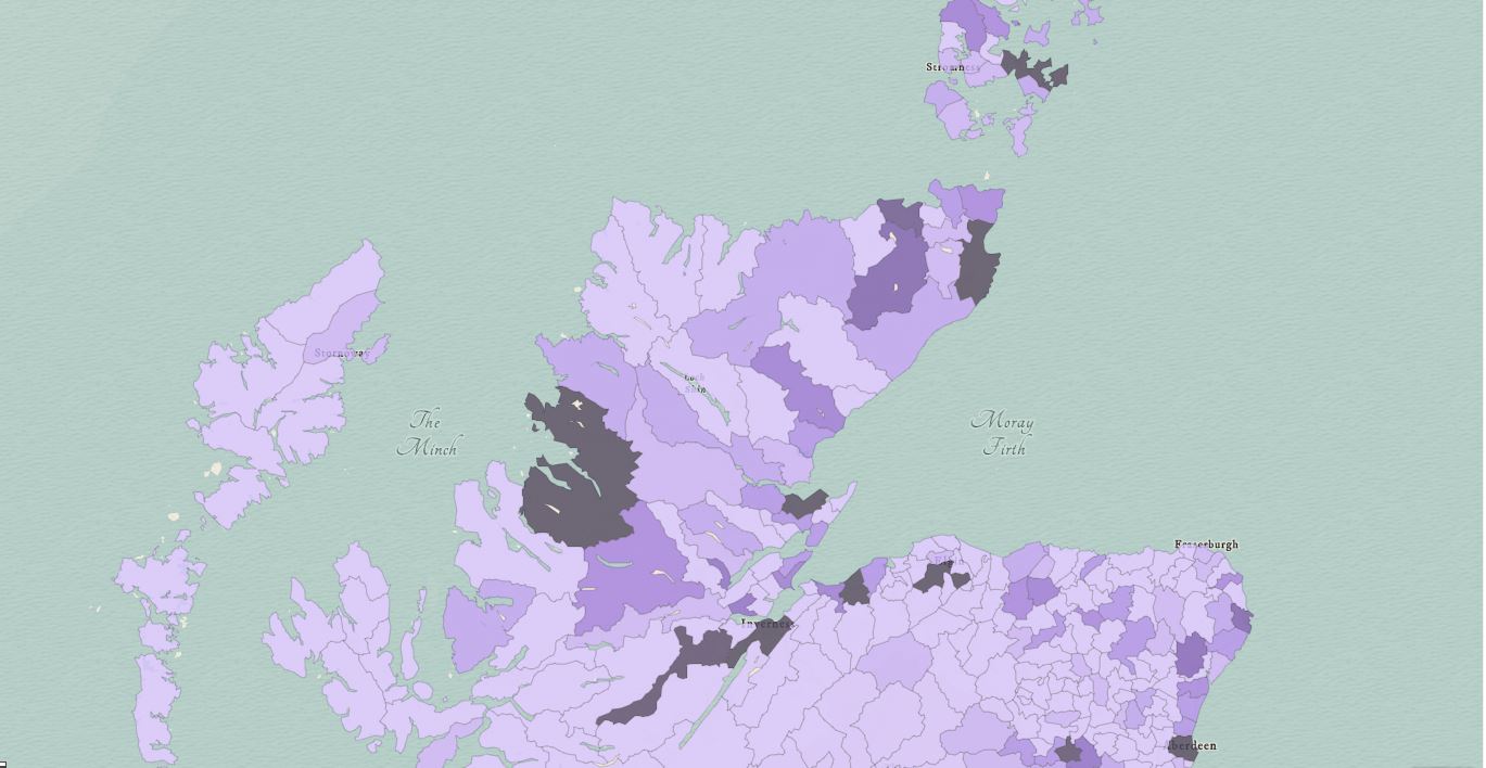 Map created on ArcGIS Online showing the number of accused witches that resided within each parish location in Scotland (Carroll, 2019).
