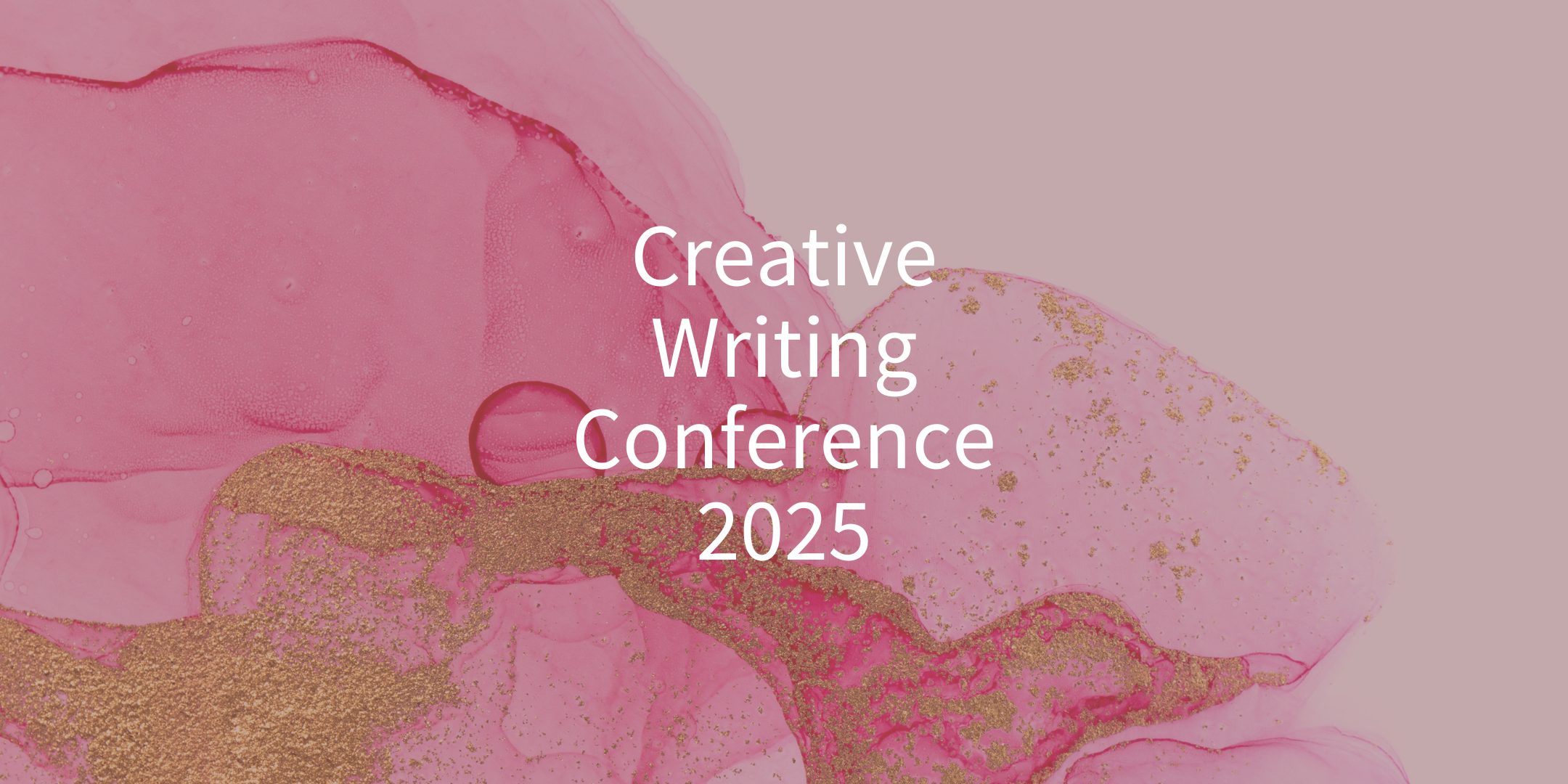 a pink, inky background with gold glitter through it. Text overlaid reads 