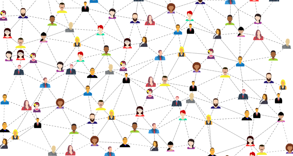 Infographic showing lots of people's heads connected by dotted lines